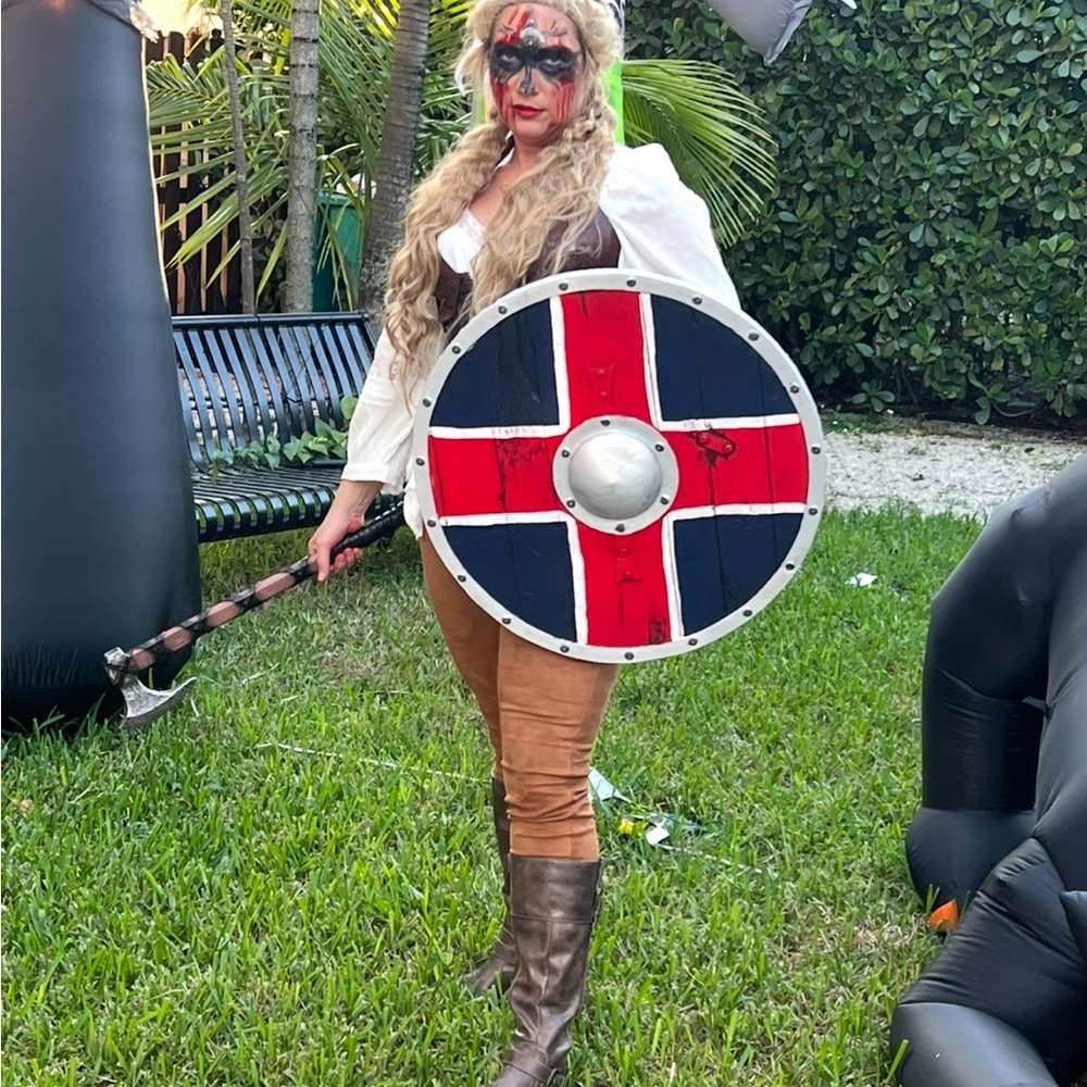 Shield Maiden Costume Brown Leather Viking corset/blond braided wig Shield & Axe